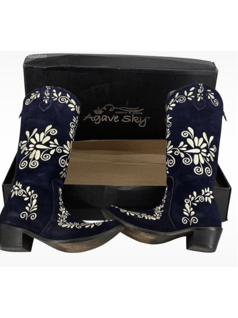 Women's Agave Sky Western Heeled Boots Navy White Embroidered Size 7 Boho Glam